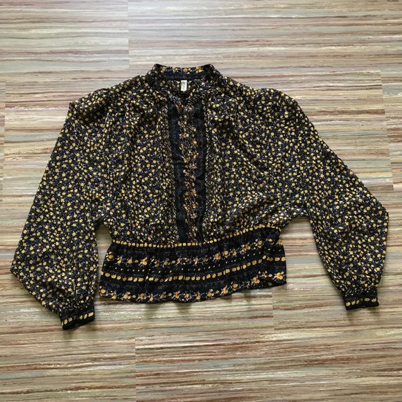 Free People If I Had You Beaded Peplum Blouse Floral Sheer Chiffon Keyhole Neck - Picture 5 of 11